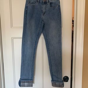 Charlie B Size 2 ankle jeans with cute plaid brown/gray/white upturned cuff